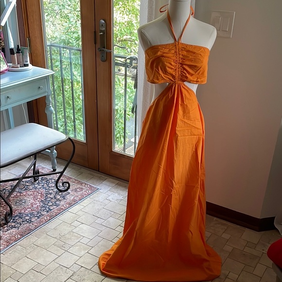 Topshop Cotton Poplar Maxi Orange Cutout Vacation Dress NWOT Medium - Picture 2 of 10